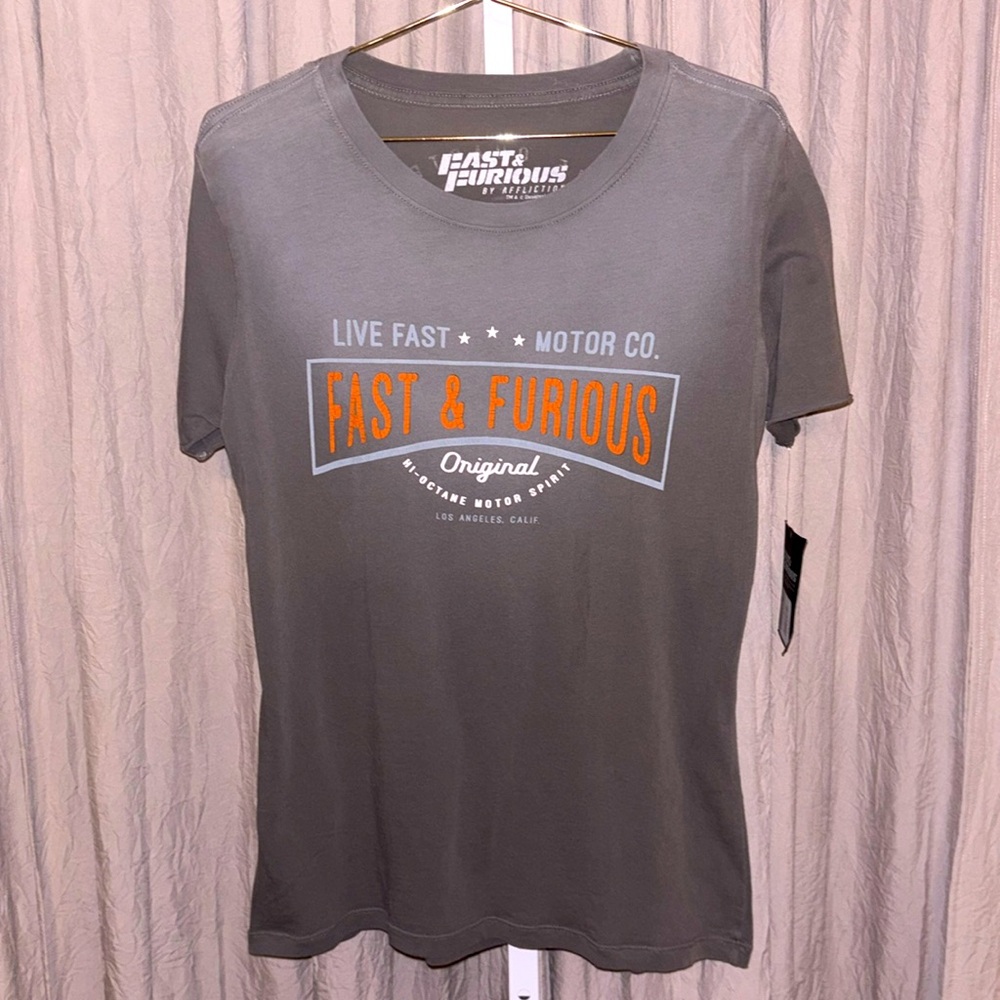 Fast & Furious by Affliction Distressed Tee w Embellished Back Medium Gray NWT